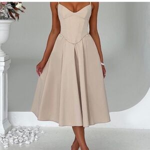 Beige Midi Sundress with Corset Bodice